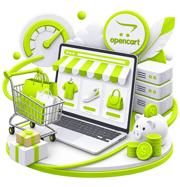 OpenCart Ecommerce Store Development - a laptop showing a storefront under a striped awning, with a speed dial