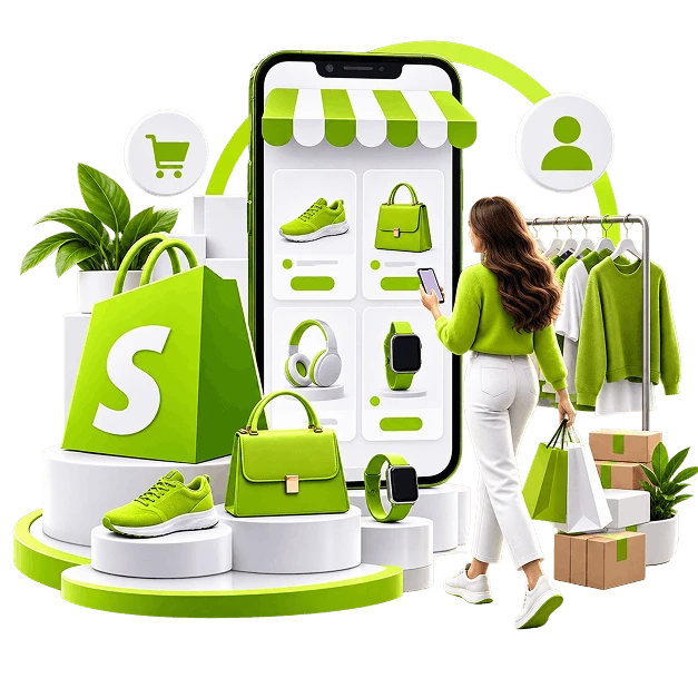 Shopify Store Development - a green bag carrying the Shopify mark beside a phone showing a storefront grid