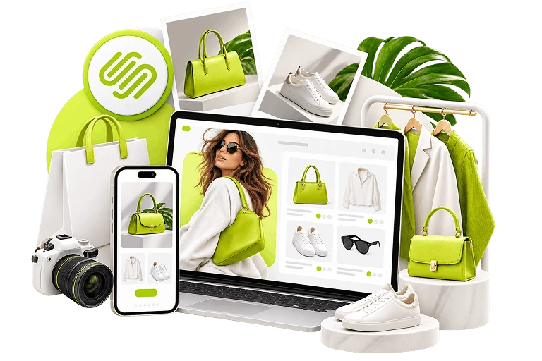 Squarespace Ecommerce Development - a laptop showing a fashion lookbook storefront with a phone beside it