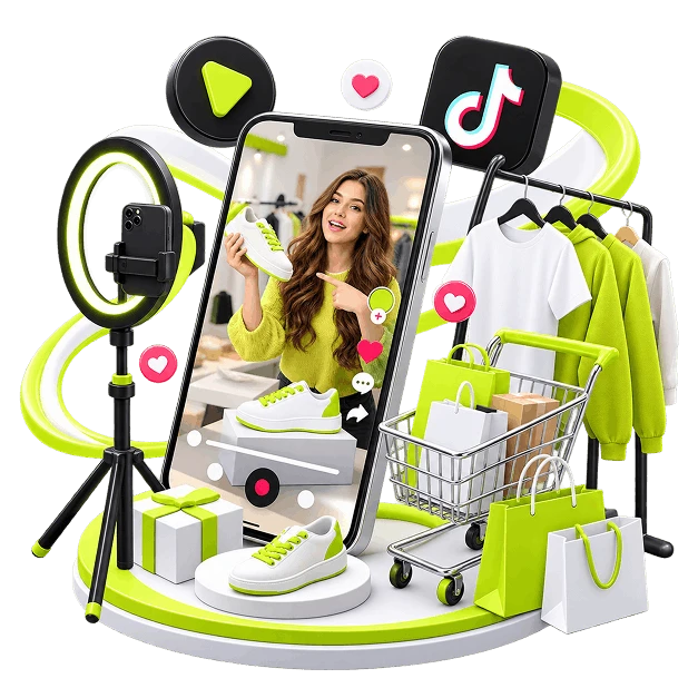 TikTok Shop Development - a phone showing a creator holding a trainer to camera, with a ring light on a tripod beside it