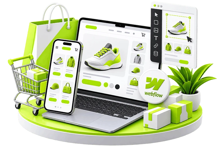 Webflow Ecommerce Store Development - a laptop showing a product page with a phone beside it and a floating design-tool panel