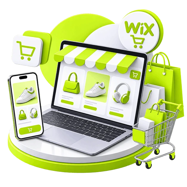 Wix Ecommerce Store Development - a laptop showing a storefront under a striped awning with a phone beside it
