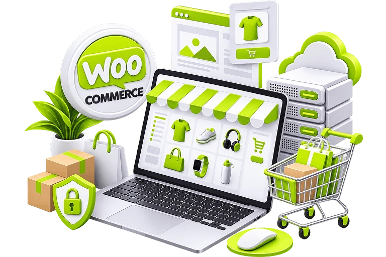 WooCommerce Store Development - a laptop showing a storefront grid under a striped awning
