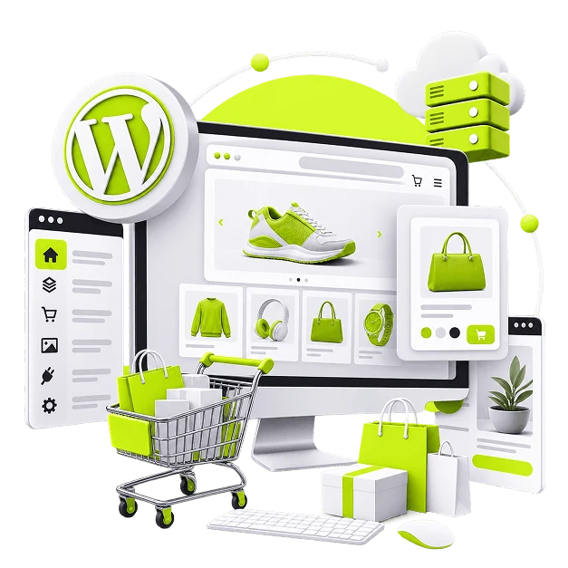 WordPress Ecommerce Store Development - a monitor showing a storefront with a trainer on the product panel
